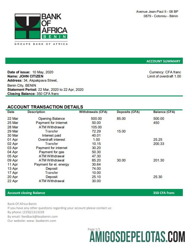 Modelo de extrato bancário do Benin Bank Of Africa